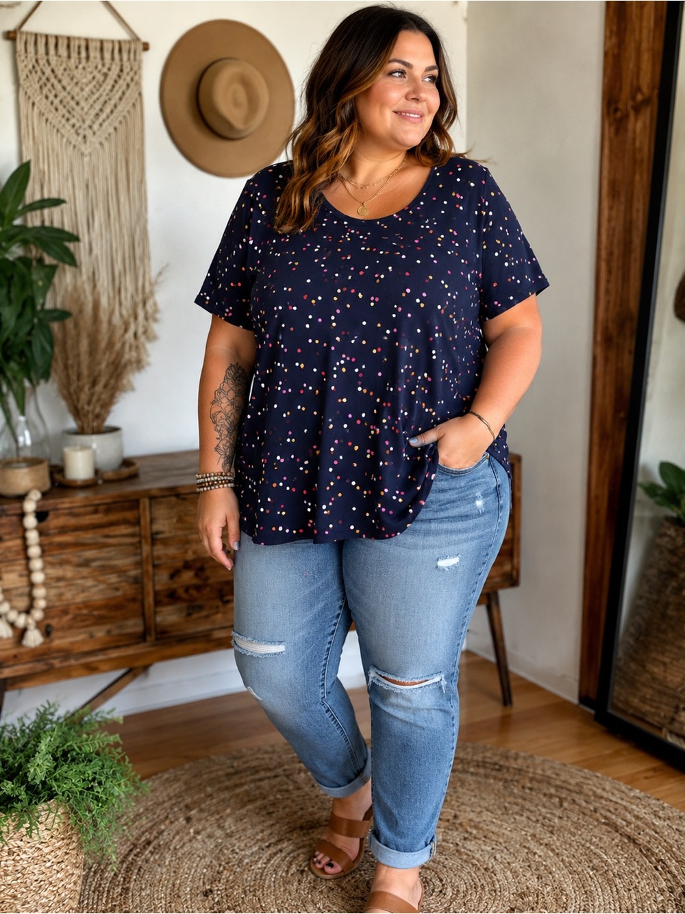 Penningtons In Every Story 1X Confetti Dot Swing Tee | Navy Plus Size Casual Top